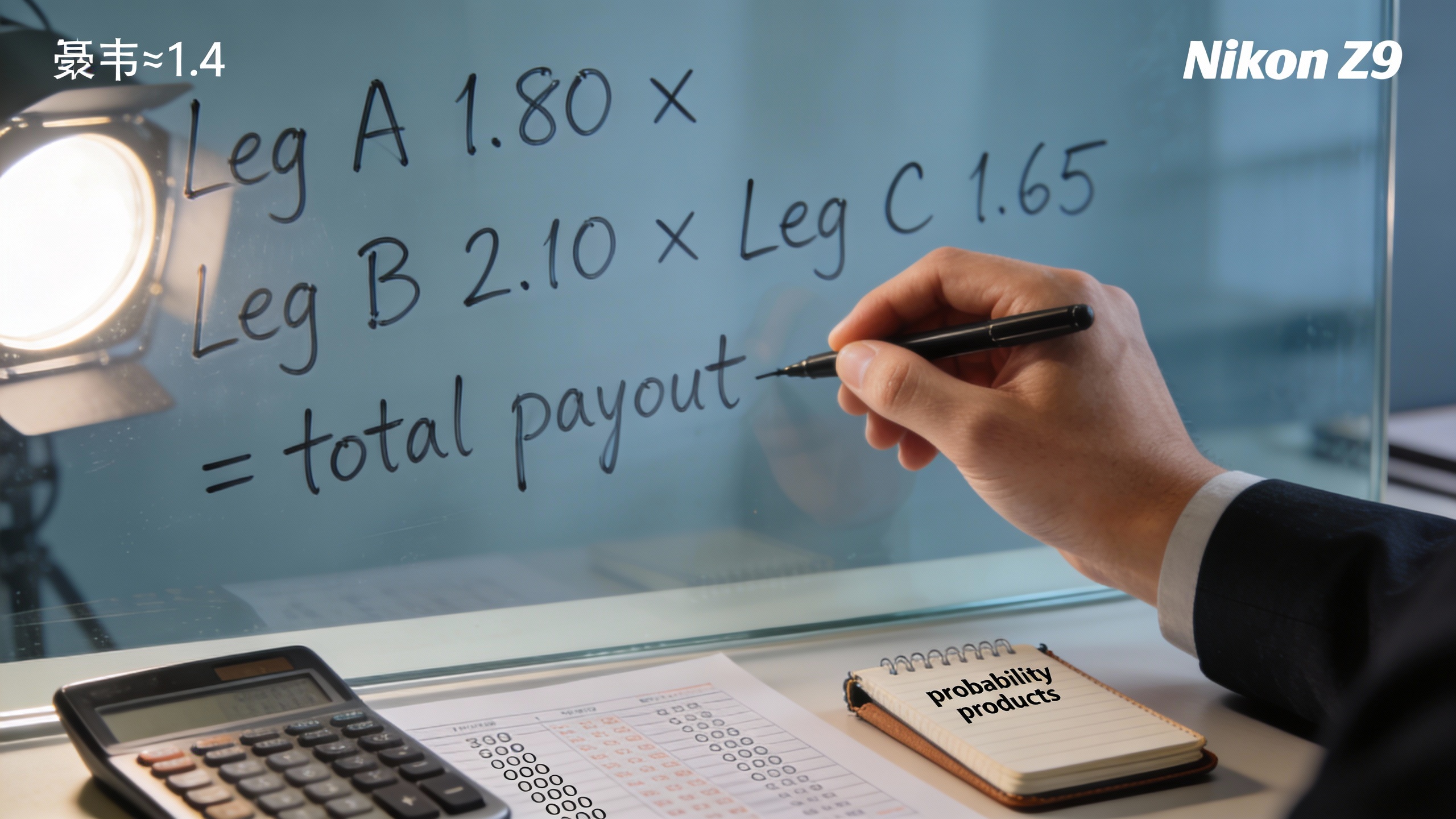 Close-up of hand writing parlay multiplication on glass whiteboard illustrating betting odds explained for iBetsports and betting odds