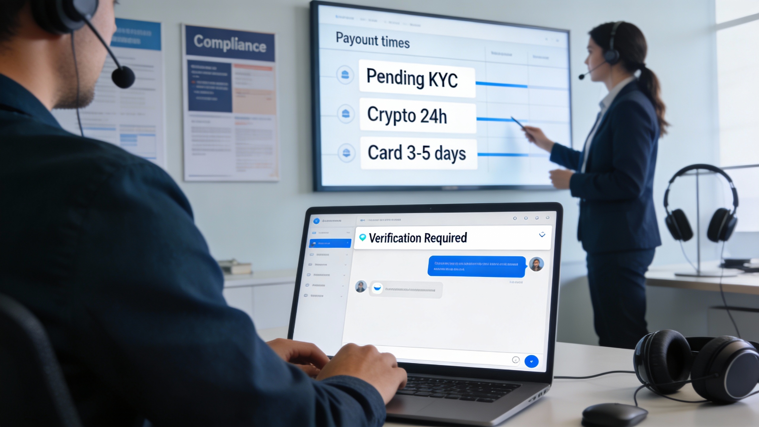 Support agent and customer reviewing payout timelines and KYC triggers, accessible image explaining point spread betting explained in a compliance context