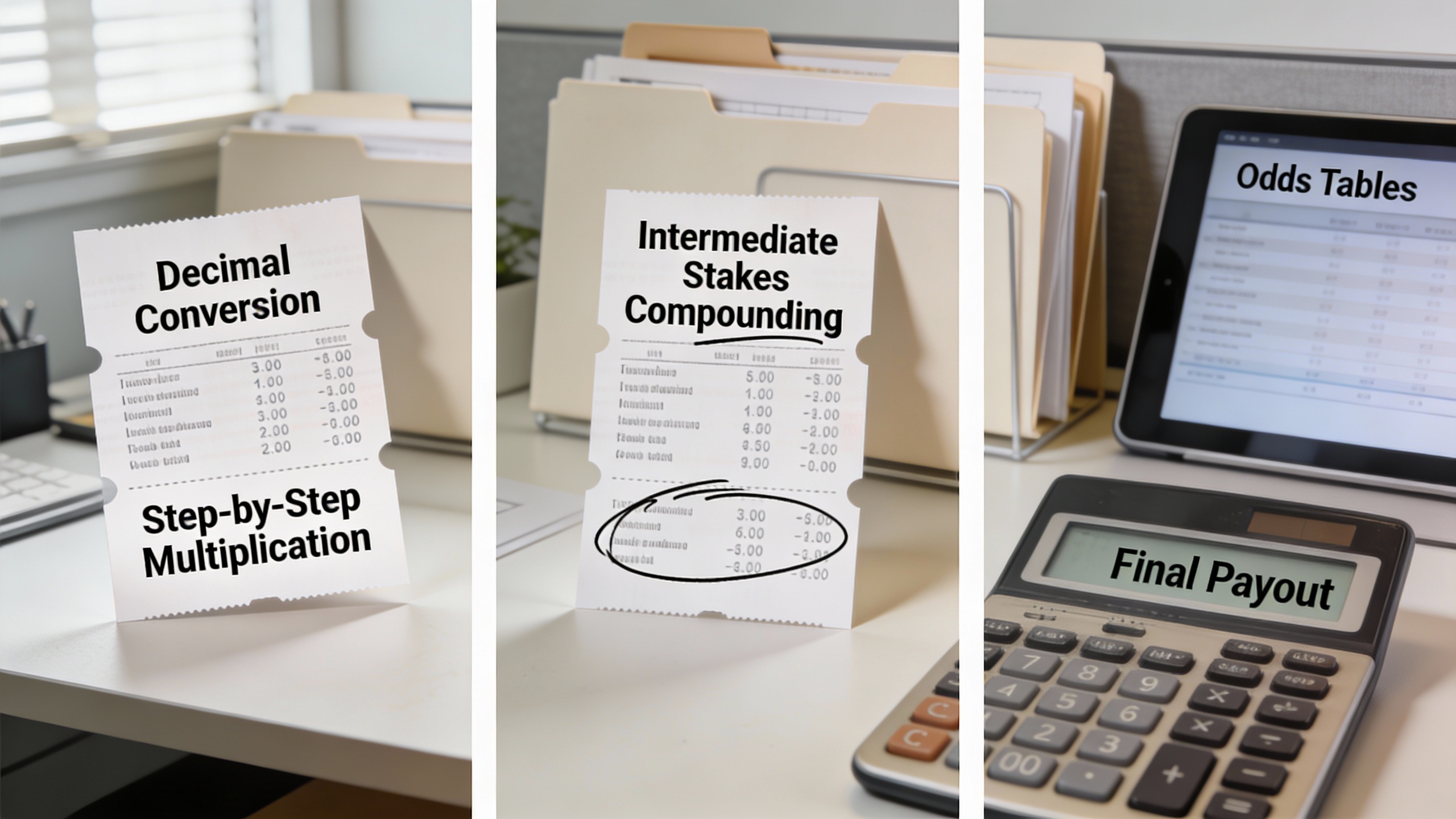 Worked examples of 2-leg and 3-leg parlay tickets with decimal conversions and payouts demonstrating betting odds explained and On line betting