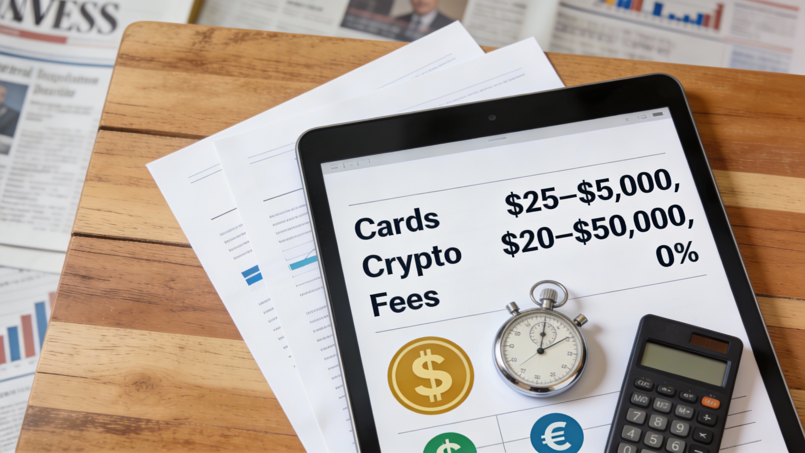Flat-lay of documents and tablet listing deposit limits, fees, and processing times, factual visual that makes moneyline vs spread figures and limits easy to read