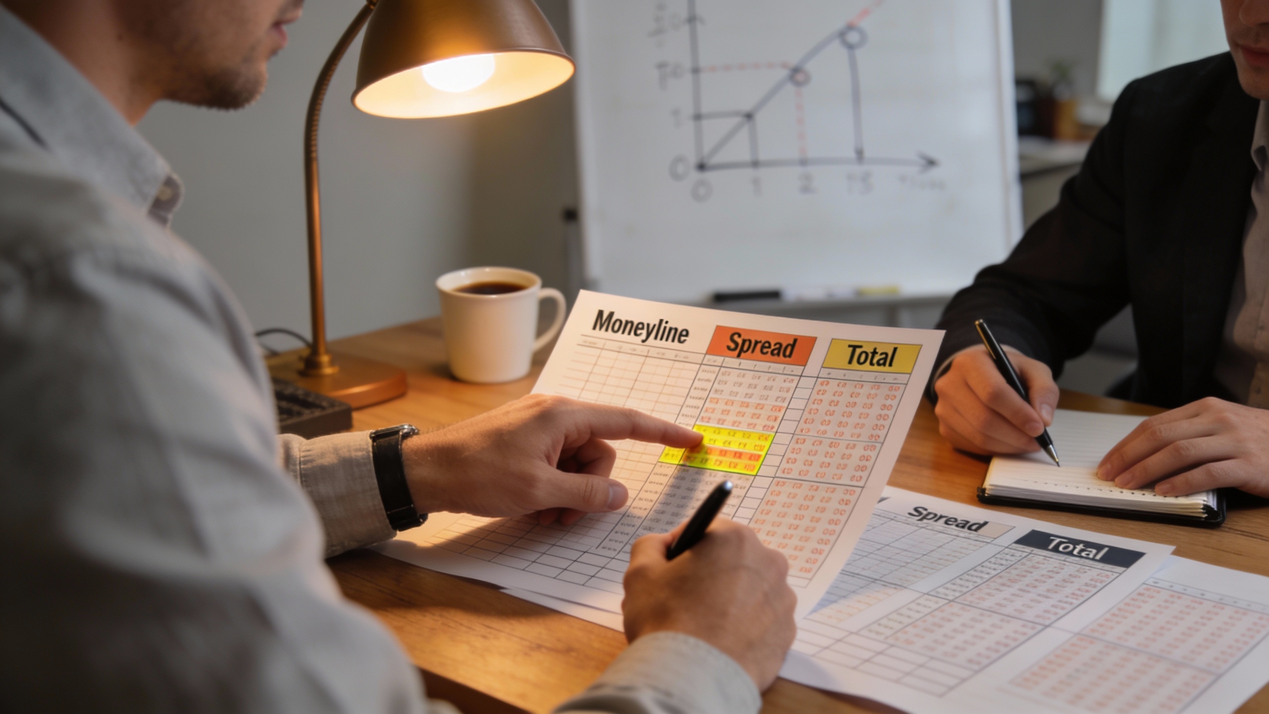 Analyst pointing at printed charts labeled moneyline, spread, and total while explaining betting odds — betting odds explained in an educational editorial scene