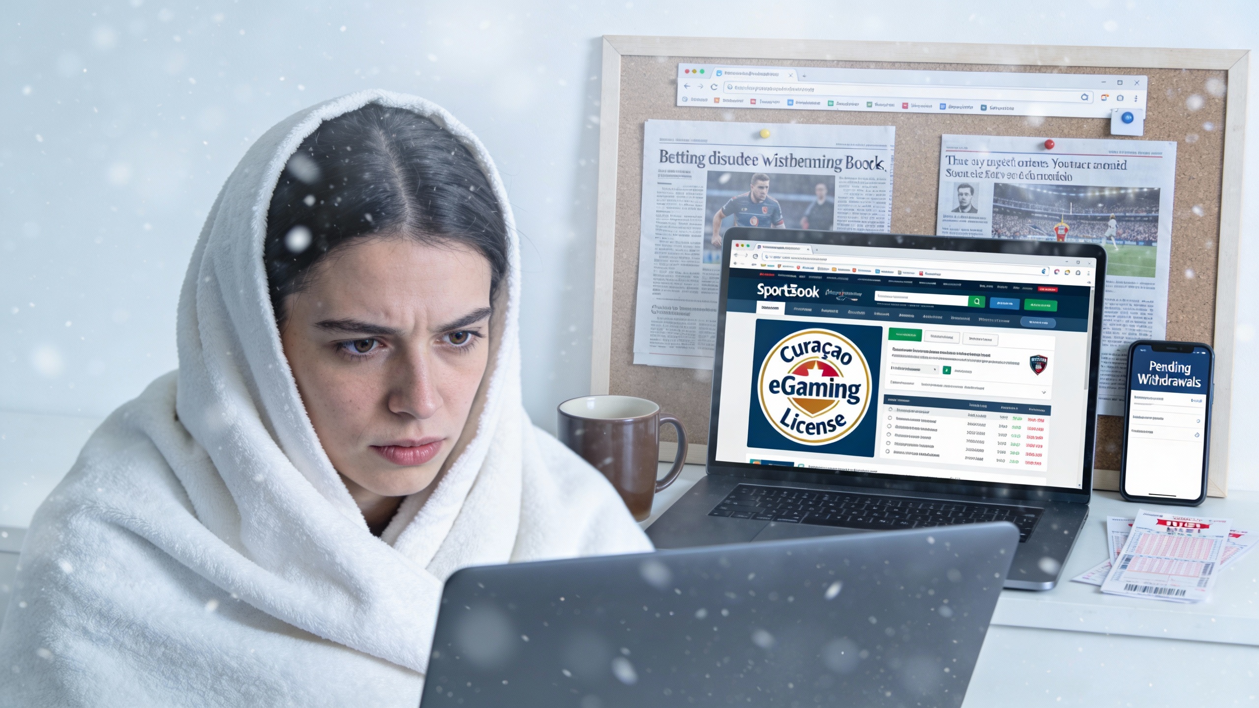 Person hesitantly checking an online sportsbook homepage and license badge, conveying caution about today’s betting lines and site legitimacy