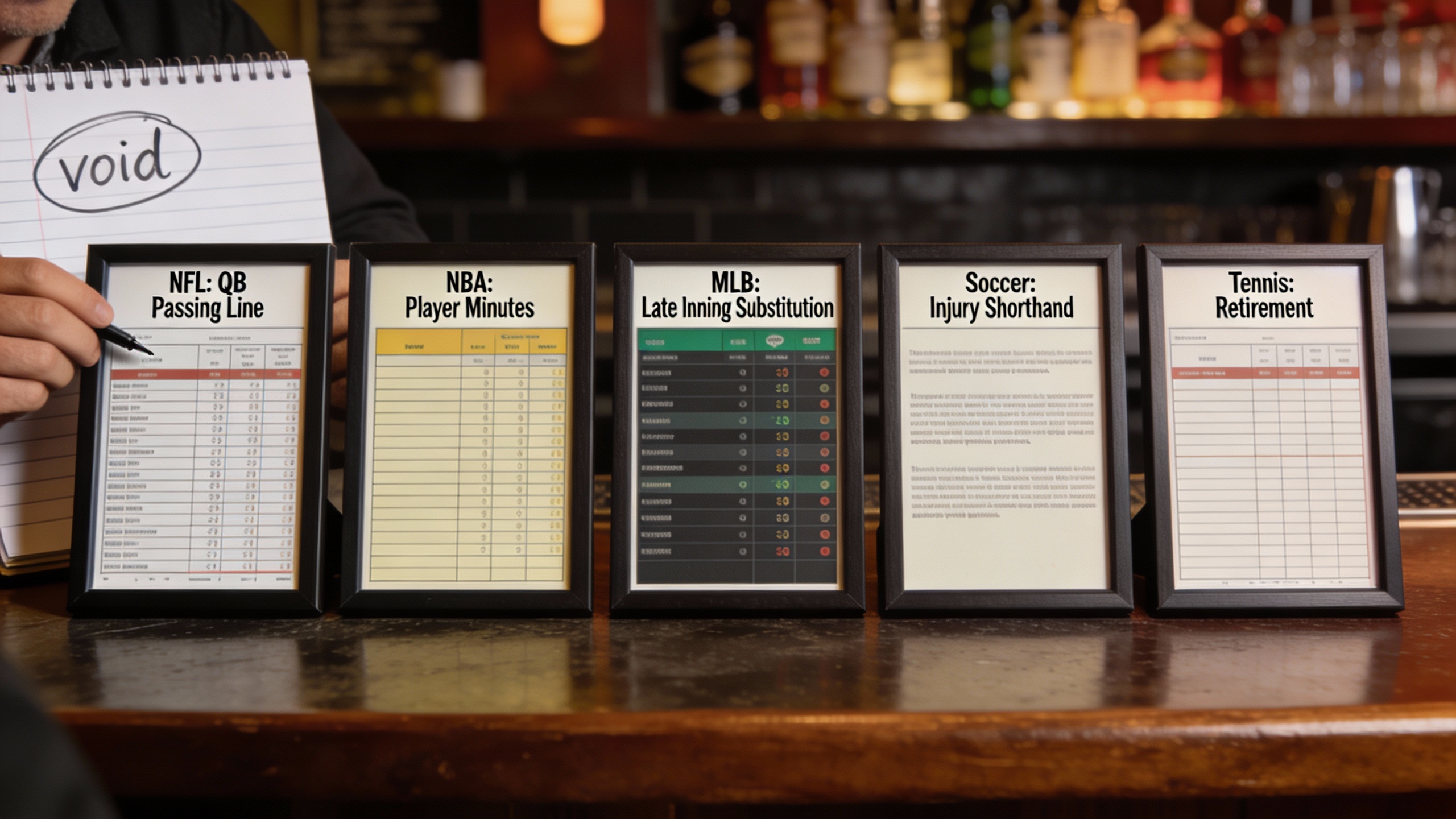 Collage of sport-specific stat sheets showing how house rules can void bets across NFL, NBA, MLB, soccer, and tennis in online sports betting