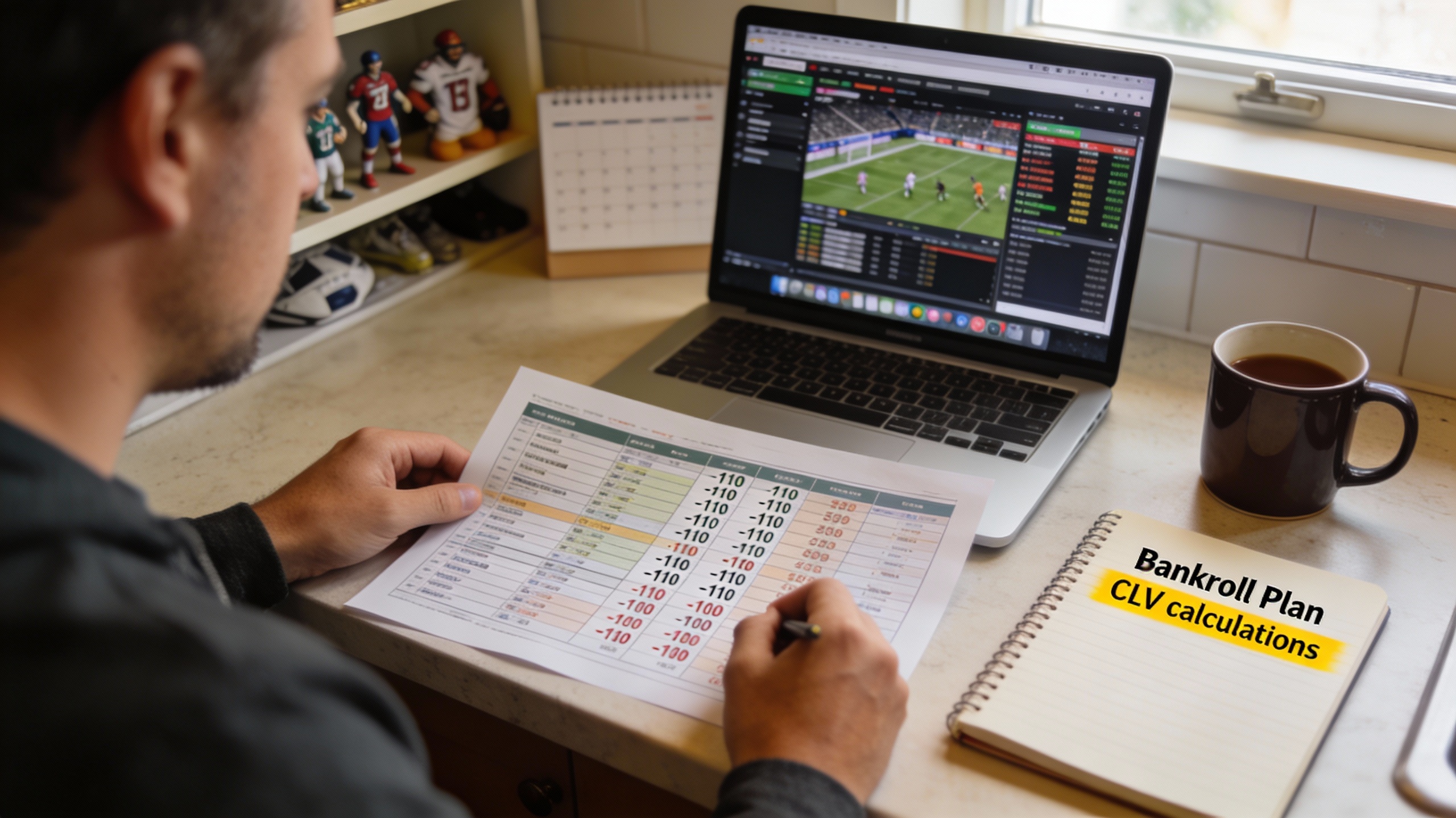 Bettor comparing sportsbook lines and writing a bankroll plan with CLV notes — pre game betting analysis and line shopping preparation