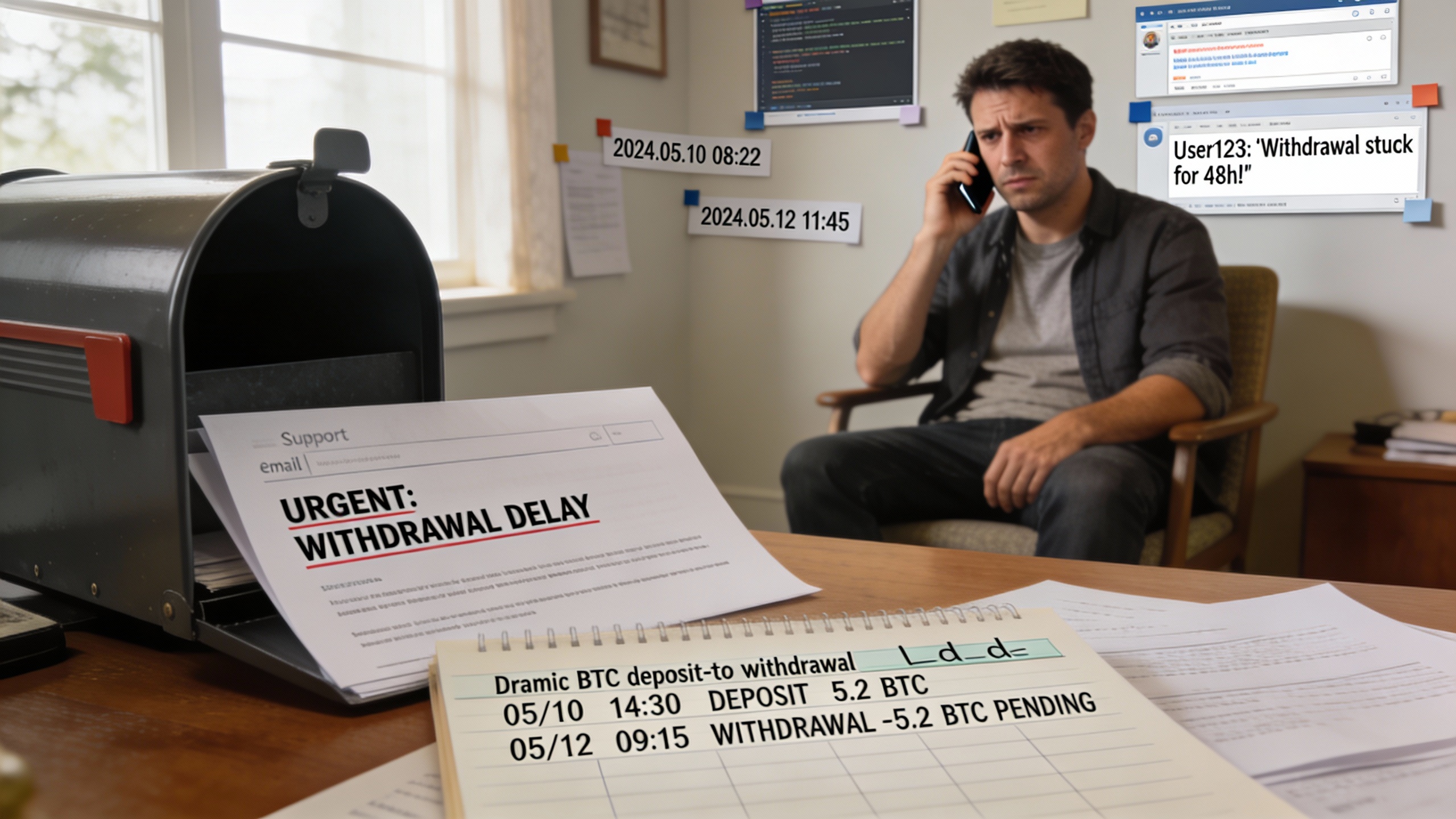 Frustrated bettor on a phone with printed support emails and a ledger of a large Bitcoin win, highlighting dispute challenges and betting line movement issues