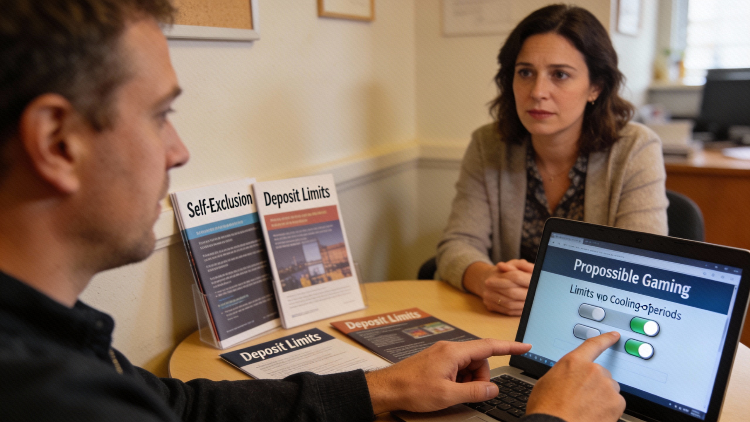 Counselor and bettor reviewing self-exclusion and deposit limit controls, illustrating safer habits and guidance for tonight’s betting odds
